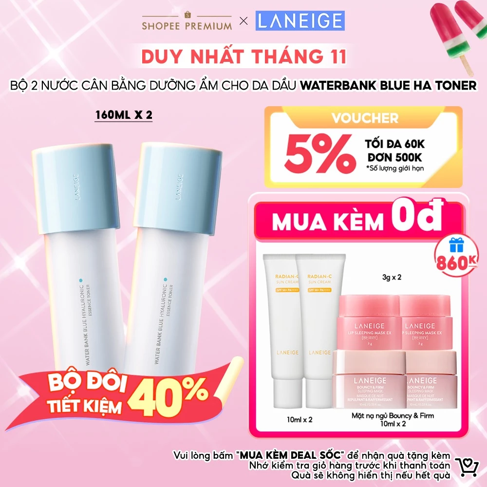 Bộ Nước Cân Bằng Dưỡng Ẩm Cho Da Dầu Laneige WaterBank Blue HA Toner 160ml x 2