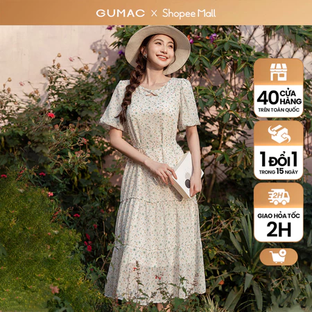 Đầm nữ dáng suông thiết kế cổ xoắn hoa nhí thời trang GUMAC DE01043