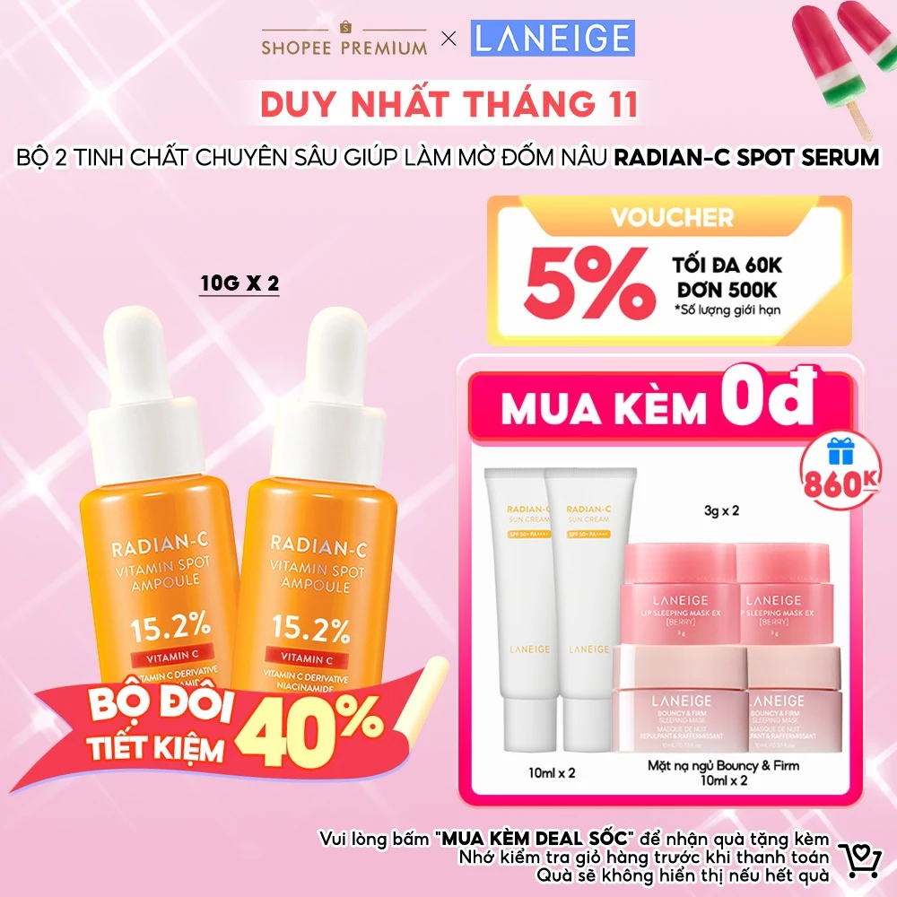 Bộ 2 Tinh Chất Chuyên Sâu Giúp Làm Mờ Đốm Nâu Laneige Radian-C Spot Serum 10gx2