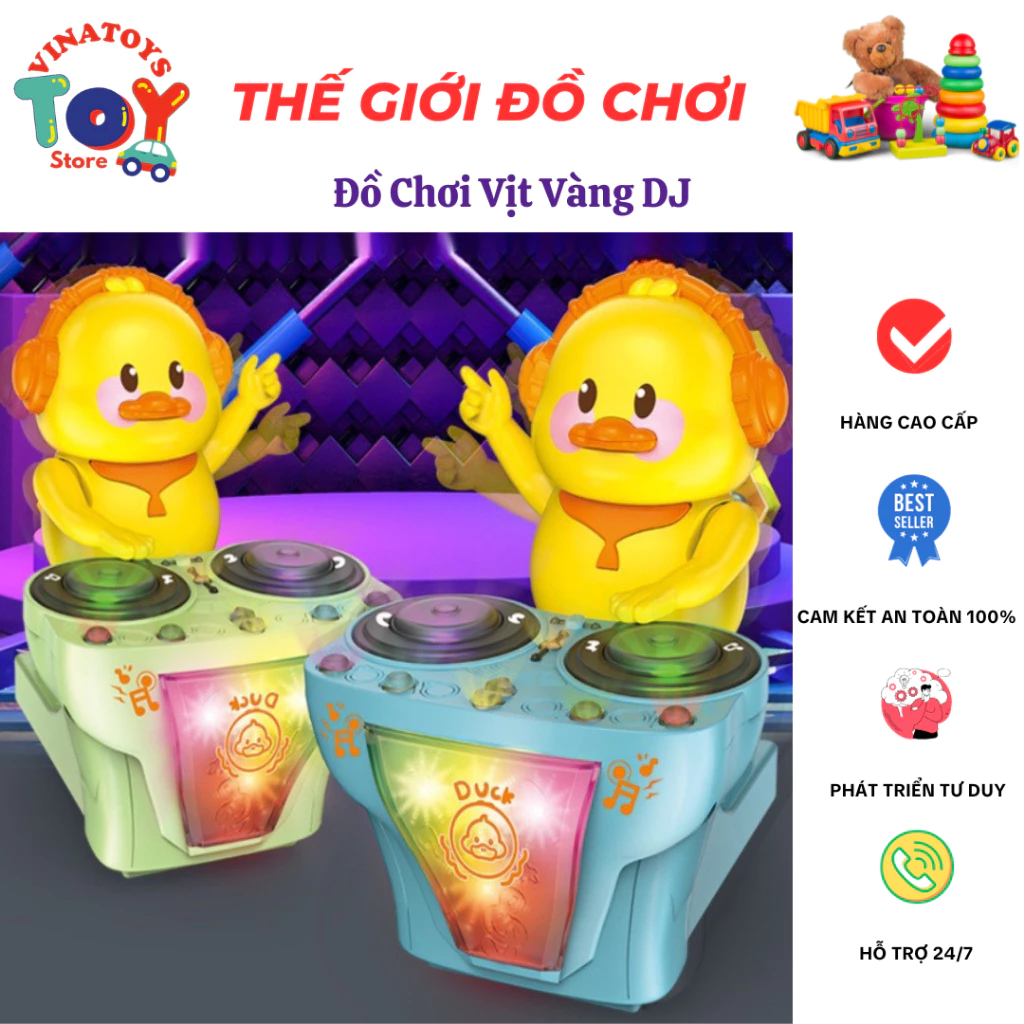 Đồ Chơi Vịt Vàng DJ VINATOYS, Có Bánh Xe Di Chuyển Và Âm Thanh Nhạc Đèn Vui Nhộn, An Toàn Cho Bé