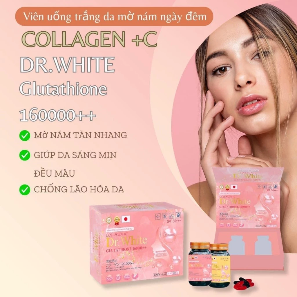 Viên uống Trắng da ngày đêm collagen+C Glutathione 16000++ thế hệ mới giúp mờ nám, giảm thâm