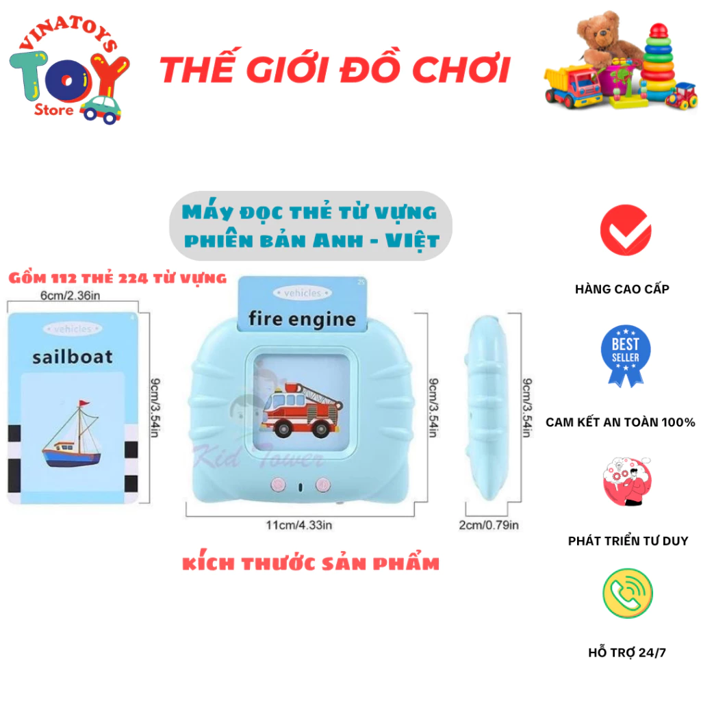 Đồ Chơi Máy Đọc Thẻ Từ Vựng Song Ngữ Cho Bé VINATOYS, Máy Đọc Thẻ Flashcard 112 Thẻ Âm Thanh To Sắc Nét Sử Dụng Sạc USB