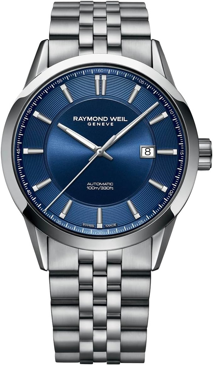 Đồng hồ nam RAYMOND WEIL Freelancer tự động, mặt số màu xanh có vạch chỉ giờ, dây đeo bằng thép không gỉ, 42 mm (Model: 2731-ST-50001)