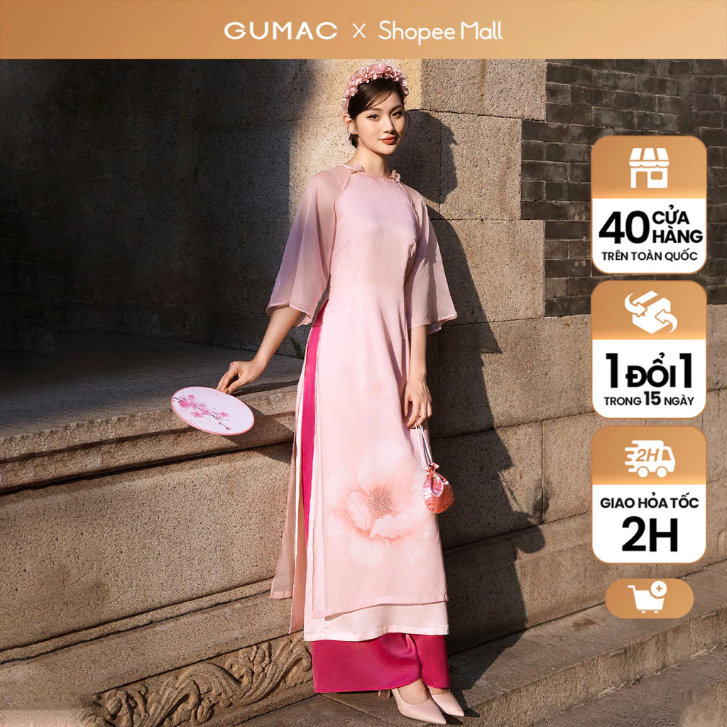 Set lẻ Áo dài cổ đính hoa thời trang GUMAC QPD12090 - Quần lụa ống rộng thời trang GUMAC QD12097