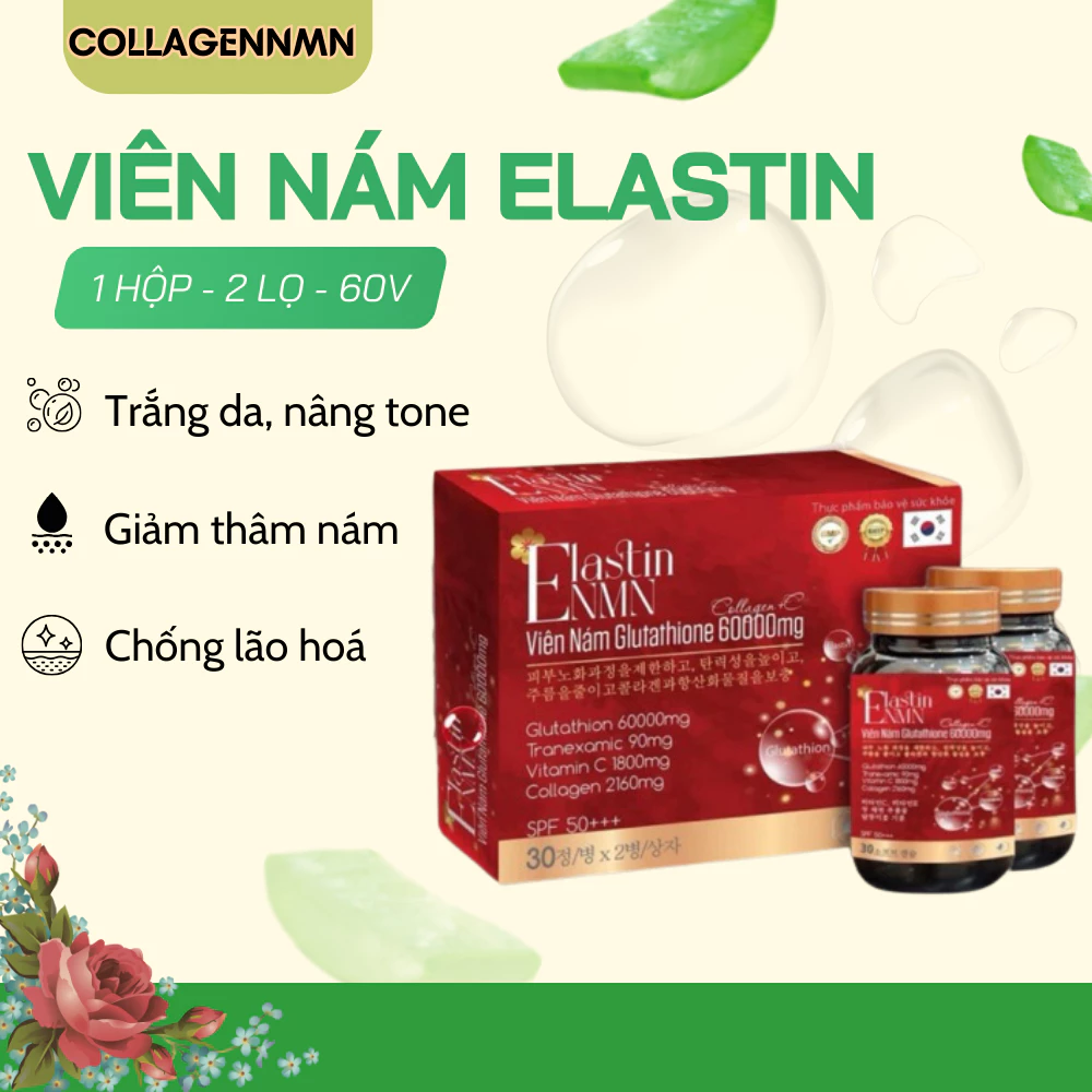 Viên Uống Trắng Da Sạch Nám ELASTIN NMN Glutathione 60.000 hỗ trợ chăm sóc sức khỏe sắc đẹp