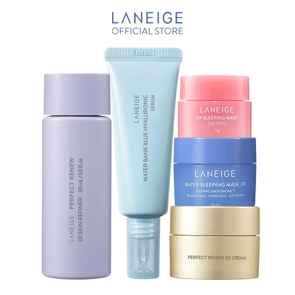 [HB gift] Bộ sản phẩm Laneige: Nước cân bằng 30ml, tinh chất Water Bank 10ml, Kem Dưỡng 8ml,Nạ môi 3g, Nạ Ngủ 15ml