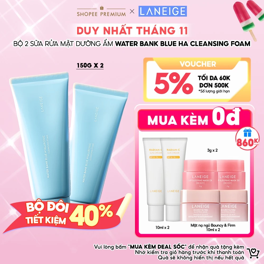 Bộ 2 Sữa Rửa Mặt Dưỡng Ẩm Laneige Water Bank Blue HA Cleansing Foam 150gx2