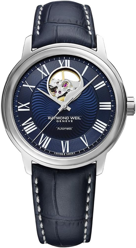 Đồng hồ Raymond Weil Maestro Blues Men Visible Balance Wheel Automatic, Mặt số màu xanh, Số La Mã, Dây da màu xanh, 39,5 mm (Mã sản phẩm: 2227-STC-00508)