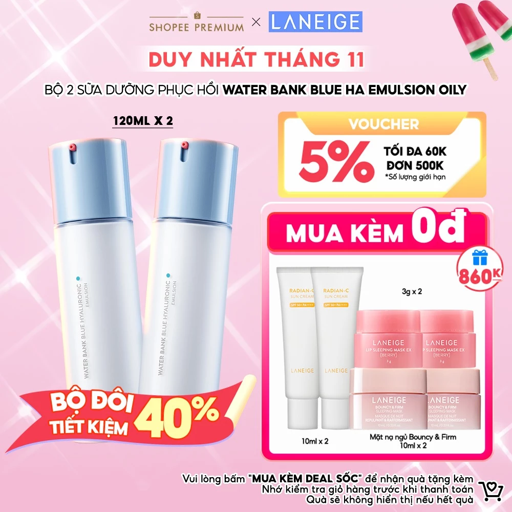 Bộ 2 Sữa Dưỡng Phục Hồi Và Cân Bằng Độ Ẩm Chuyên Sâu Laneige Water Bank Blue HA Emulsion Oily 120ml x 2