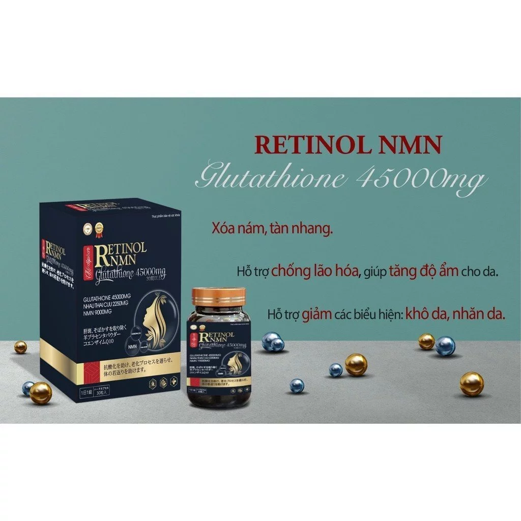 [Chính Hãng] Viên uống đẹp da Retinol NMN Glutathione 45000mg giảm nám sạm da, tàn nhang. tăng ẩm da, Hộp 30 viên
