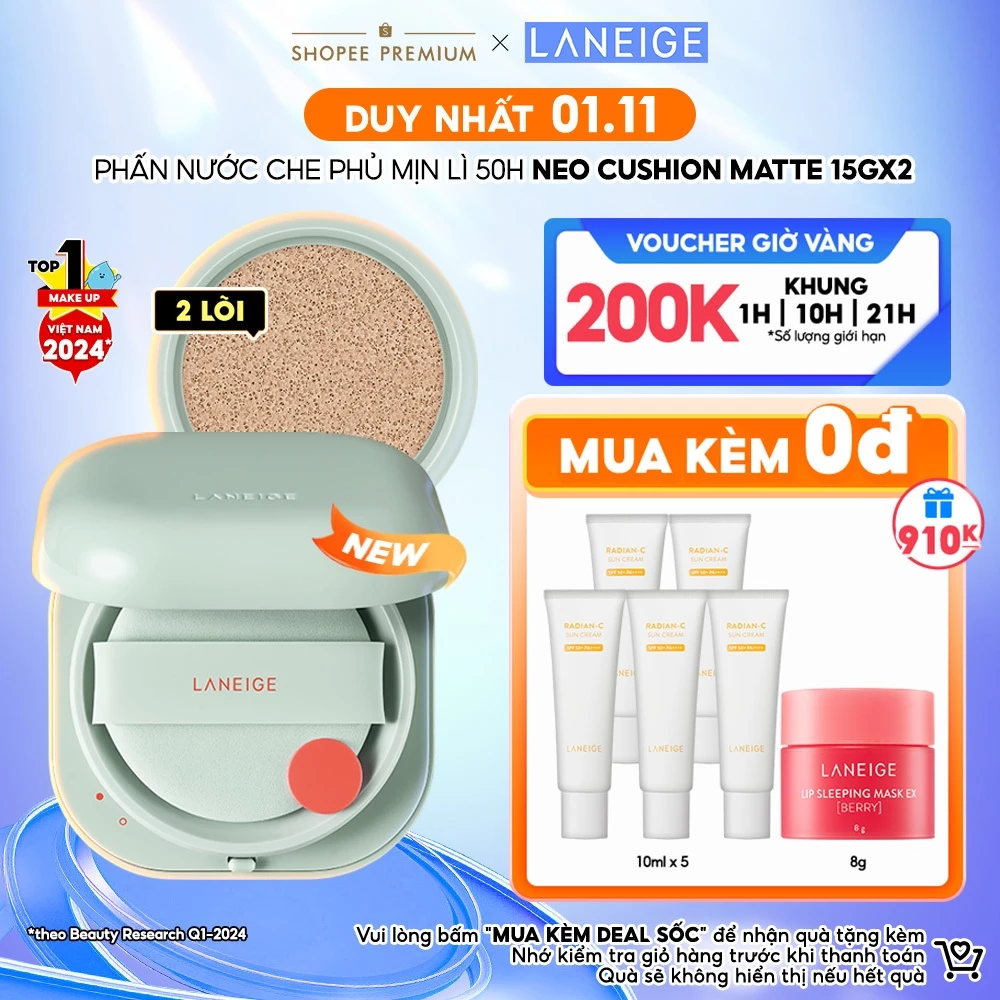 Phấn Nước Kiềm Dầu Chống Nước Che Khuyết Điểm 50H Laneige Neo Cushion Matte 15g + Kèm Lõi