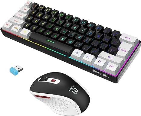 Bộ bàn phím và chuột chơi game không dây Snpurdiri 2.4G, bao gồm bàn phím cảm giác cơ học nhỏ 60%, chuột không dây mini thiết kế công thái học (trắng và đen)