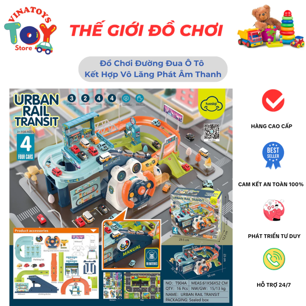 Đồ Chơi Đường Đua Bãi Xe Ô Tô Kết Hợp Vô Lăng Phát Âm Thanh Cho Bé VINATOYS, Có Đường Ray Và Cầu Trượt (Kèm Ô Tô Đua)
