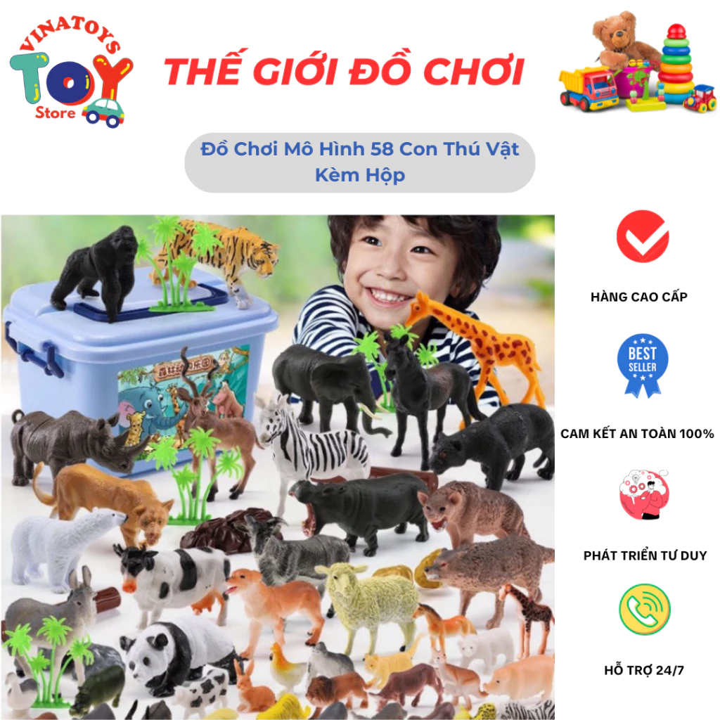 Đồ Chơi Mô Hình 58 Con Thú Vật Cho Bé VINATOYS, Mô Hình Động Vật Cây Cối (Có Hộp Đi Kèm)
