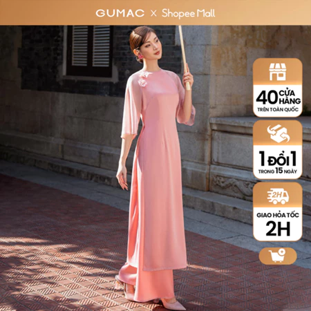 Set lẻ Áo dài đính hoa thời trang GUMAC QPD12094 - Quần lụa ống rộng thời trang GUMAC QD12083