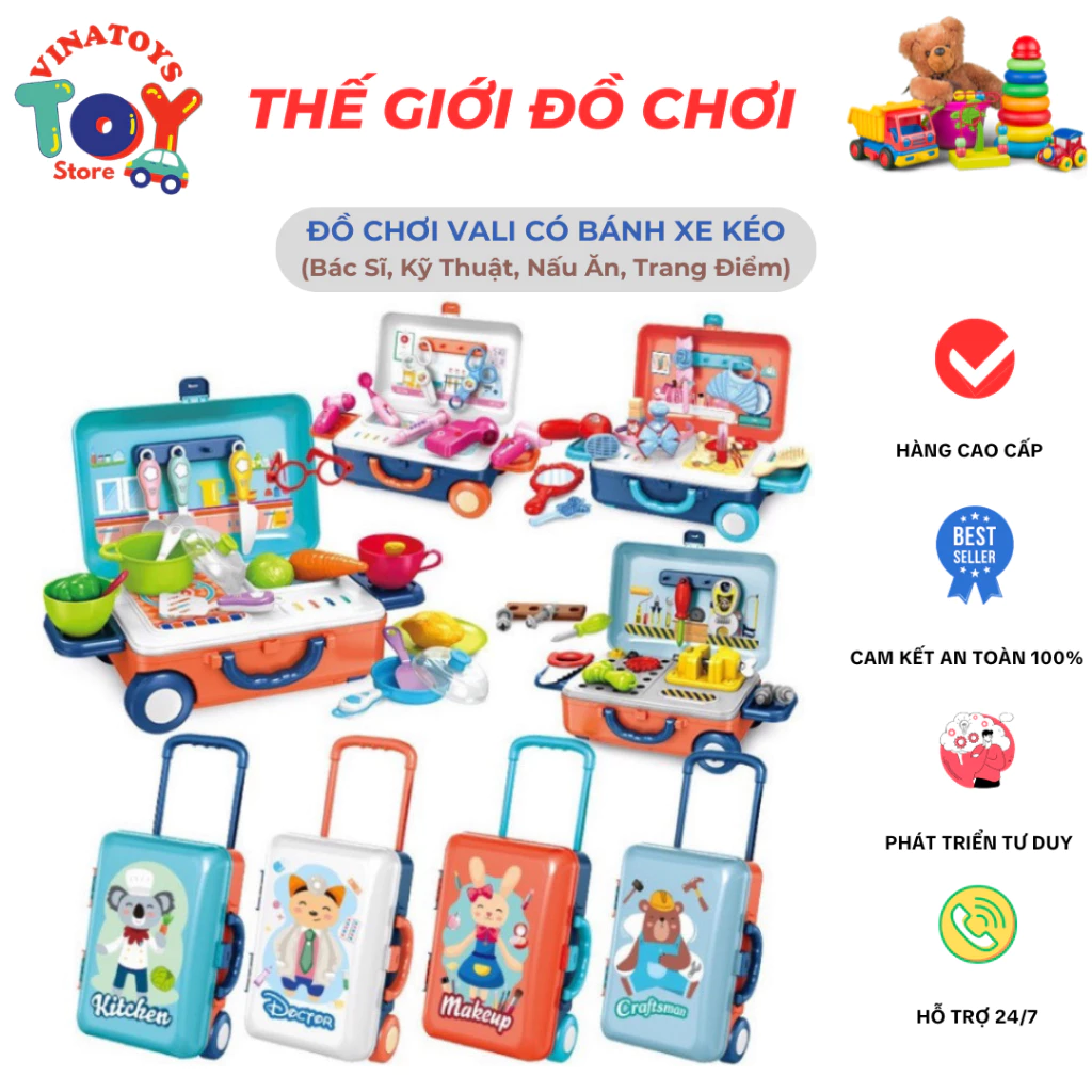 Đồ Chơi Vali Kéo Cho bé VINATOYS, Gồm 4 Thể Loại (Bác Sĩ, Đầu Bếp, Trang Điểm, Kỹ Thuật) Nhựa An Toàn Cho Bé