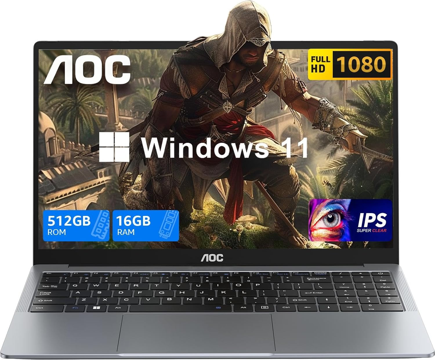 Máy tính xách tay AOC 15,6 inch mới nhất Bộ xử lý lõi tứ Intel (Tối đa 3,6 GHz) RAM 16 GB SSD 512 GB Máy tính xách tay chơi game, Màn hình FHD Máy tính xách tay Windows 11, Nhẹ & Mỏng, Vỏ kim loại, We