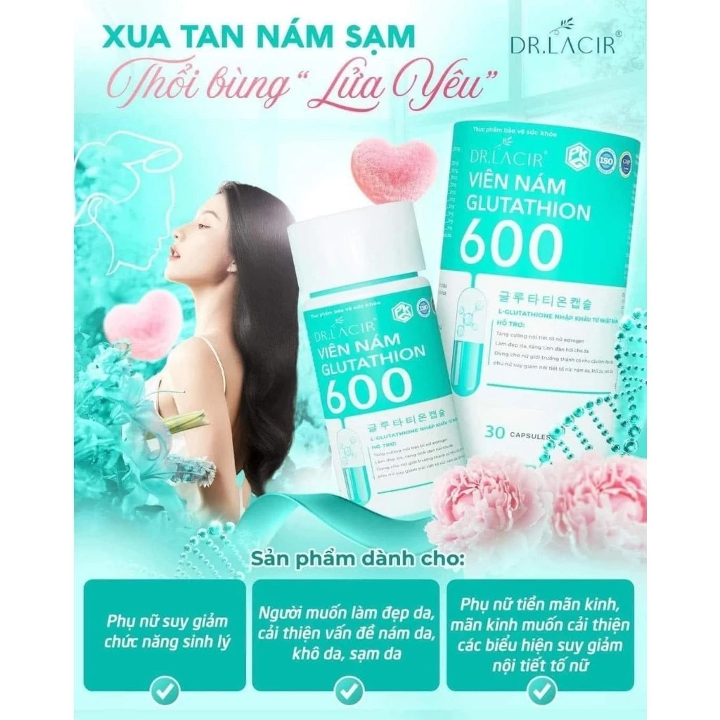 Viên Uống Glutathione 600 Drlacir Hộp 30 viên,Giúp trắng da,ngừa nám,hạn chế lão hoá da,nếp nhăn