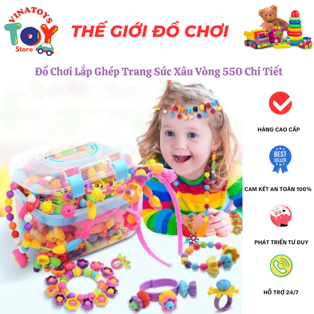Đồ Chơi Lắp Ghép Trang Sức Xâu Vòng 550 Chi Tiết VINATOYS, Các Bé Thỏa Sức Làm Vòng Tay Vòng Cổ, Nhựa An Toàn Cho Bé