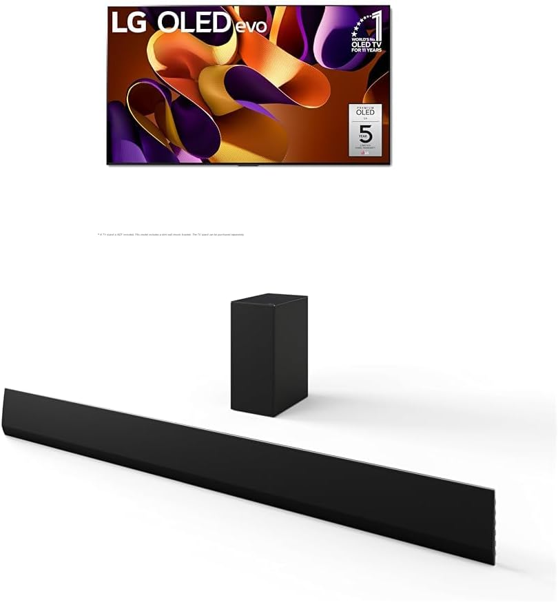 TV thông minh LG 83 inch Class OLED evo G4 Series 4K Bộ xử lý màn hình phẳng với Magic Remote tích hợp Alexa hỗ trợ AI (OLED83G4WUA, 2024), Thanh âm thanh 3.1 kênh với Dolby Atmos không dây