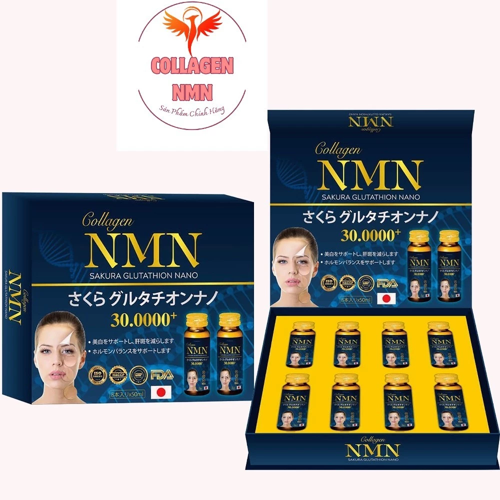 Nước Uống Collagen NMN 30.000+ Trắng Da Hết Nám Tàn Nhang Collagen NMN Glutathione Nano Nhật Bản hộp 8 Chai-