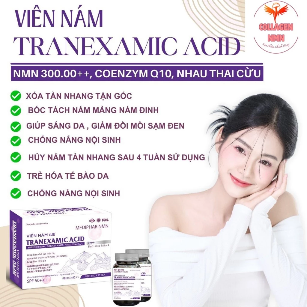 Viên Nám TRANEXAMIC ACID-Giải pháp xóa tận gốc các vết nám và tàn nhang, giúp da trắng sáng hộp 2 lọ
