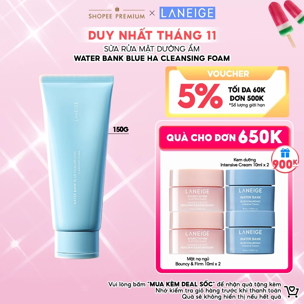 Sữa Rửa Mặt Dưỡng Ẩm Laneige Water Bank Blue HA Cleansing Foam 150g