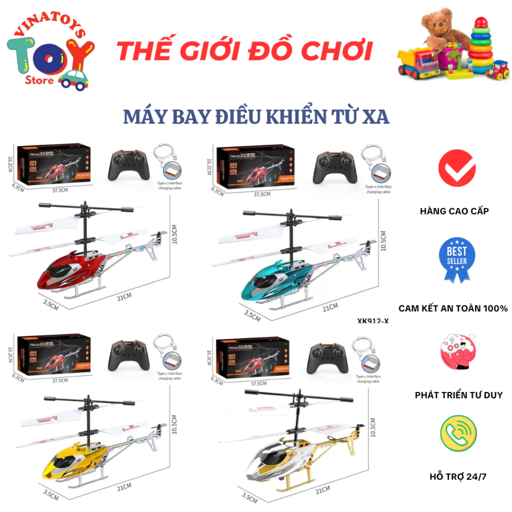 Đồ Chơi Máy Bay Trực Thăng Điều Khiển Từ Xa RC và XK912 cho Bé VINATOYS, Có Đèn Sử Dụng Pin Sạc USB, Điều Khiển Từ Xa